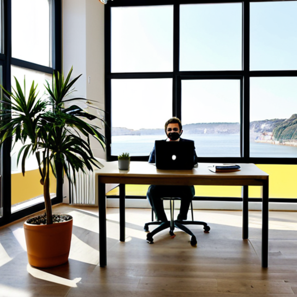 Lisbon Coworking Space**

"A brightly lit coworking space in Lisbon, Portugal, with large windows overlooking the Tagus River.  Several individuals are working on laptops at modern desks.  One person is on a video call, gesturing with a smile. The decor is minimalist and stylish, with potted plants and local artwork.  Everyone is fully clothed in casual business attire.  Safe for work, professional environment, correct proportions, natural pose, appropriate content, high quality."

**
