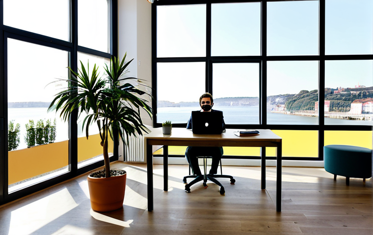 Lisbon Coworking Space**
"A brightly lit coworking space in Lisbon, Portugal, with large windows overlooking the Tagus River. Several individuals are working on laptops at modern desks. One person is on a video call, gesturing with a smile. The decor is minimalist and stylish, with potted plants and local artwork. Everyone is fully clothed in casual business attire. Safe for work, professional environment, correct proportions, natural pose, appropriate content, high quality."
**