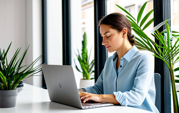 디지털 노마드의 삶의 질 향상 방법 - Serene Digital Nomad Workspace**
A woman working on a laptop at a table in a bright, modern co-work...