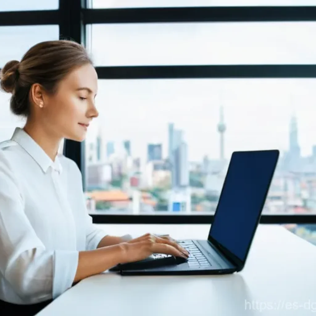 디지털 노마드의 여행 일정 관리 팁 - **Prompt:** A focused female digital nomad in her early 30s, sitting at a well-organized workspace w...