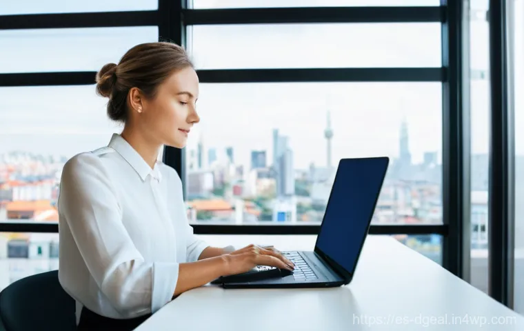 디지털 노마드의 여행 일정 관리 팁 - **Prompt:** A focused female digital nomad in her early 30s, sitting at a well-organized workspace w...