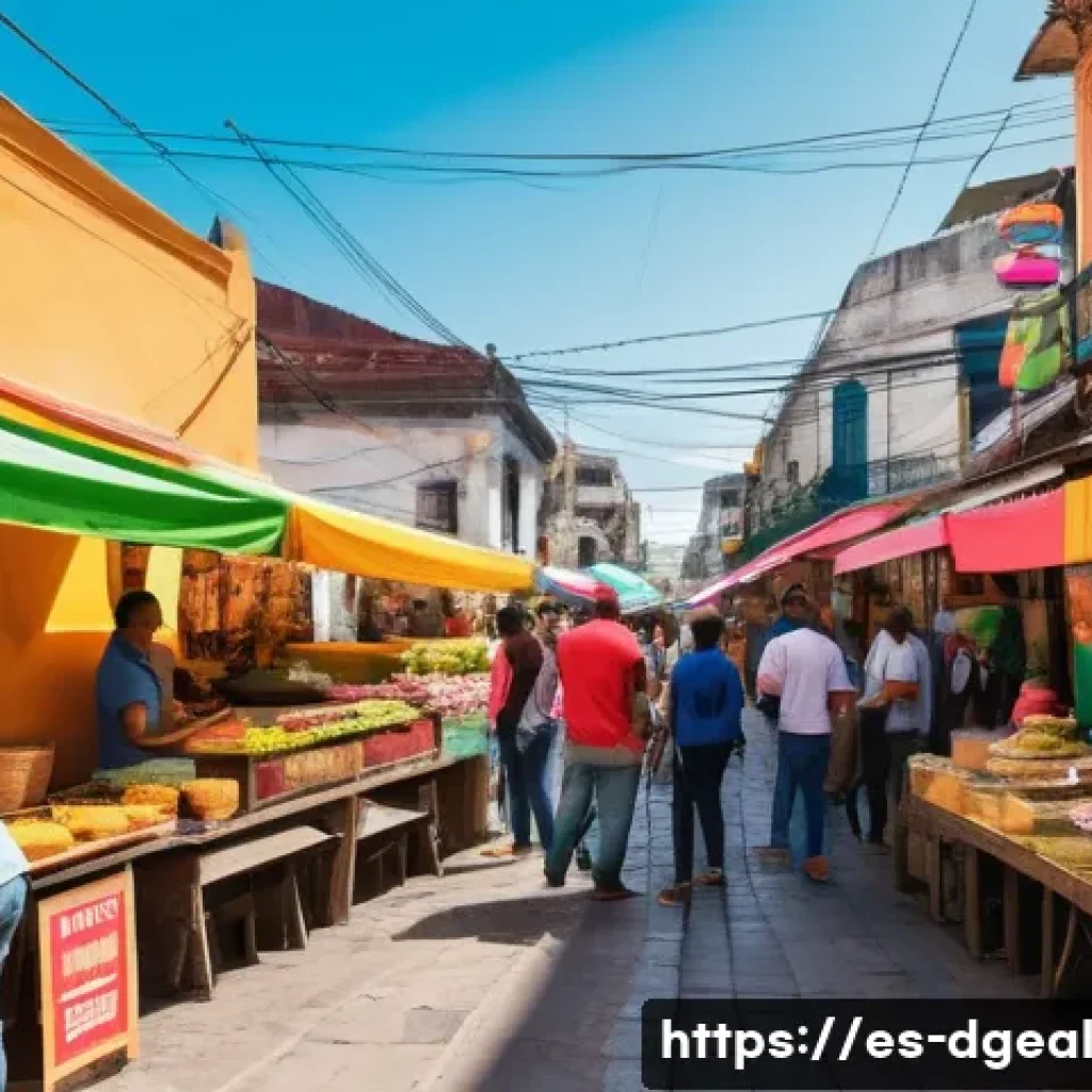 디지털 노마드의 여행 비용 절감 팁 - A vibrant, bustling street food market scene in a colorful Latin American city. Diverse local people...