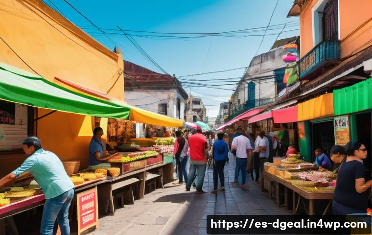 디지털 노마드의 여행 비용 절감 팁 - A vibrant, bustling street food market scene in a colorful Latin American city. Diverse local people...
