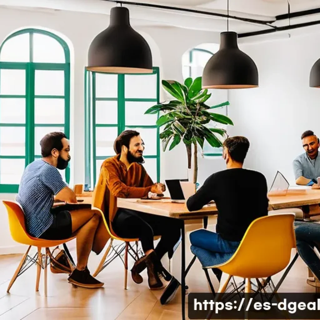 디지털 노마드 커뮤니티와 모임 정보 - A lively coworking space in Lisbon filled with diverse digital nomads working on laptops, chatting a...