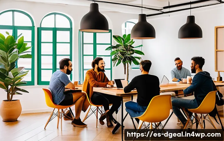 디지털 노마드 커뮤니티와 모임 정보 - A lively coworking space in Lisbon filled with diverse digital nomads working on laptops, chatting a...