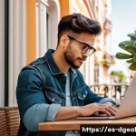 Home 22 디지털 노마드로서의 시간 관리 전략 - A digital nomad workspace scene set in a cozy café in Lisbon during the morning, featuring a young p...