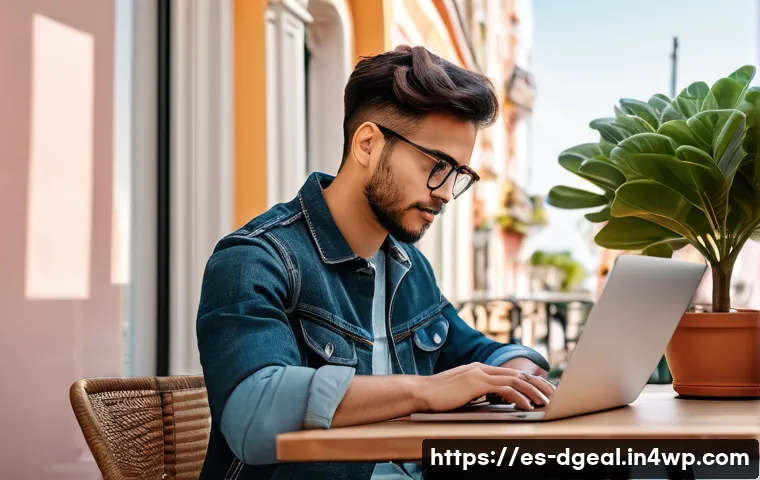 디지털 노마드로서의 시간 관리 전략 - A digital nomad workspace scene set in a cozy café in Lisbon during the morning, featuring a young p...