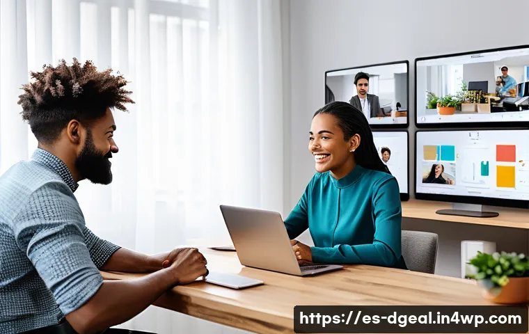 디지털 노마드와 협업의 중요성 - A diverse remote work team collaborating via video conference from their home offices, with multiple...