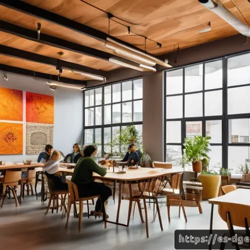 Home 32 디지털 노마드의 인맥 관리 전략 - A vibrant coworking space in Mexico City filled with diverse professionals engaging warmly, with a f...