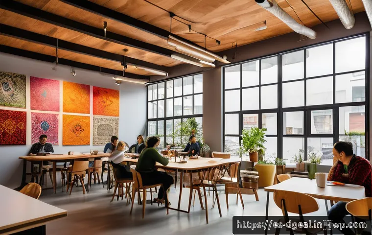 디지털 노마드의 인맥 관리 전략 - A vibrant coworking space in Mexico City filled with diverse professionals engaging warmly, with a f...