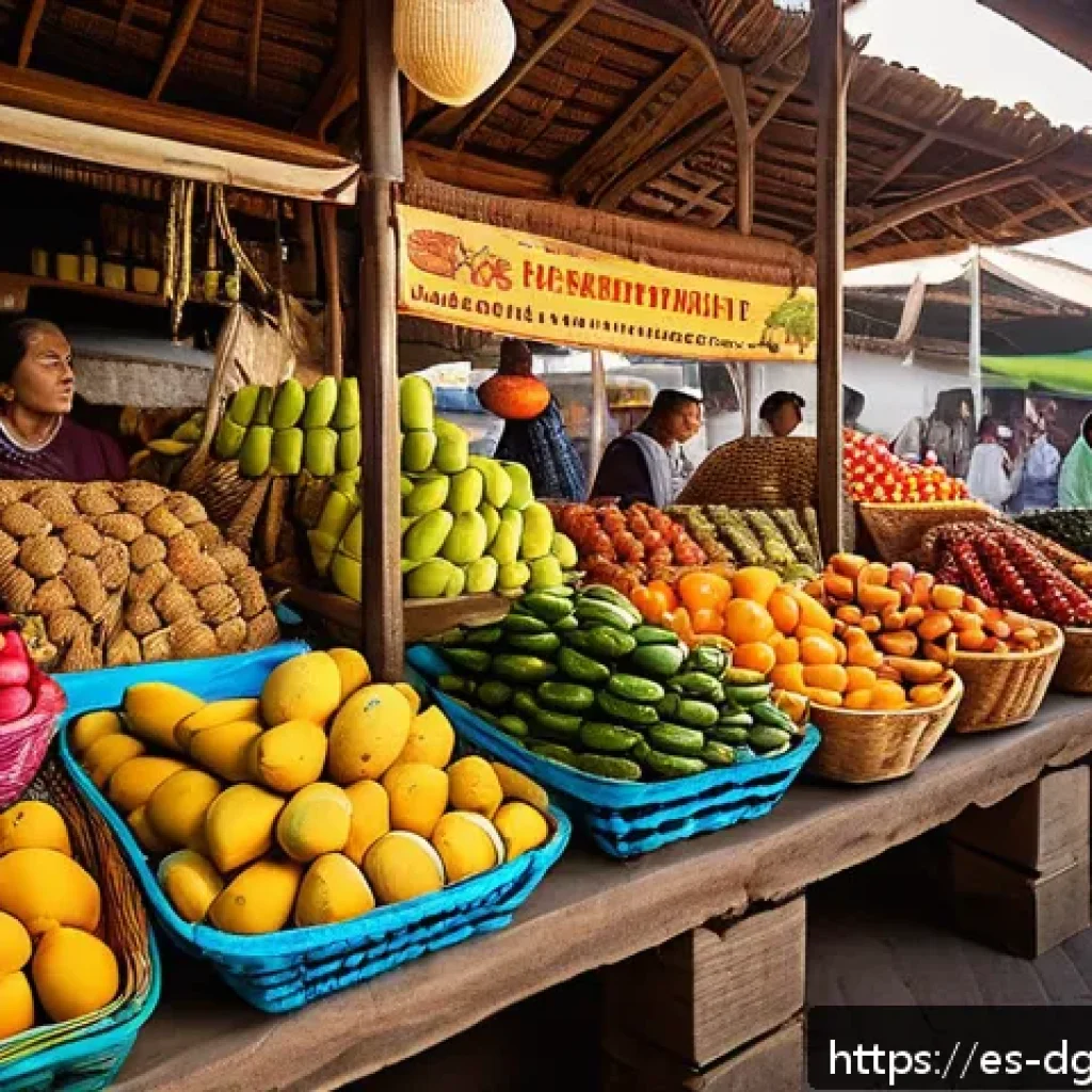 디지털 노마드를 위한 식습관 및 영양 관리 - A vibrant Latin American open-air market scene in the early morning light, showcasing colorful stall...
