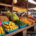 Home 18 디지털 노마드를 위한 식습관 및 영양 관리 - A vibrant Latin American open-air market scene in the early morning light, showcasing colorful stall...