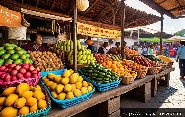 디지털 노마드를 위한 식습관 및 영양 관리 - A vibrant Latin American open-air market scene in the early morning light, showcasing colorful stall...