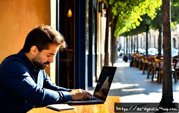 Home 17 디지털 노마드와 직장 문화 - Photorealistic digital nomad working on a laptop at a sunlit café terrace in Barcelona, Spain, matur...