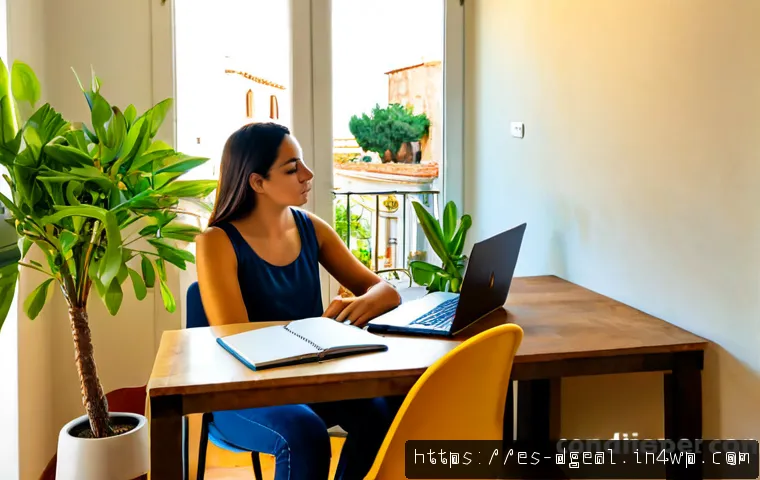 디지털 노마드의 스트레스 관리 기술 - Photorealistic digital nomad in a bright Barcelona apartment workspace, calmly practicing deep breat...